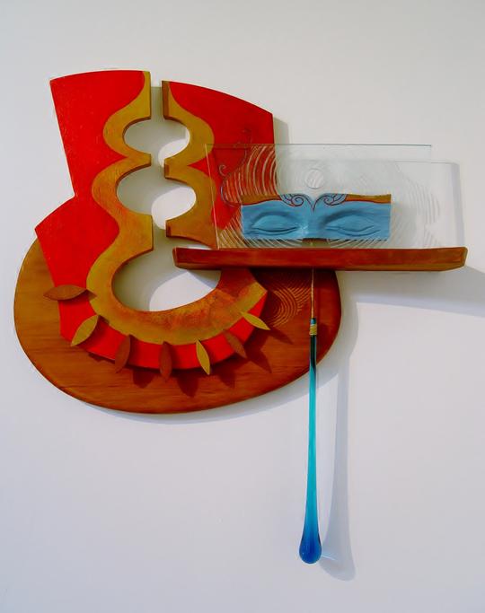 Plumbing the depths. Rimu, ply, acrylic paint. etched glass, coloured glass. 500mm x 600mm x 120mm. $850
